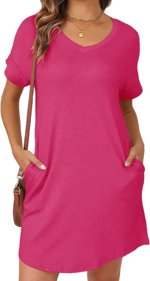YEXIPO Womens Summer Dresses 2025 Short Sleeve V Neck Loose Casual Solid Color Tshirt Dress with Pockets