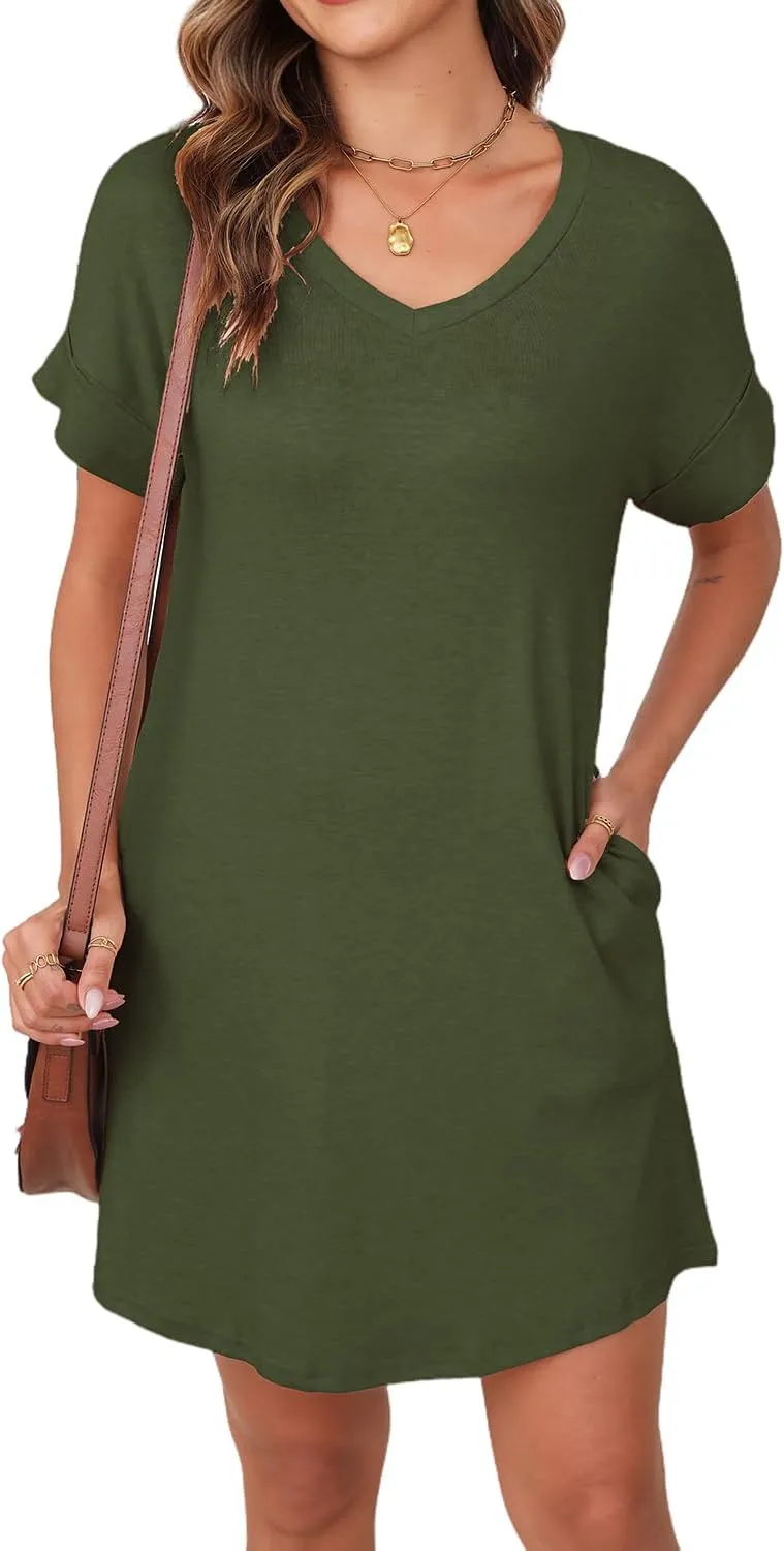 YEXIPO Womens Summer Dresses 2025 Short Sleeve V Neck Loose Casual Solid Color Tshirt Dress with Pockets