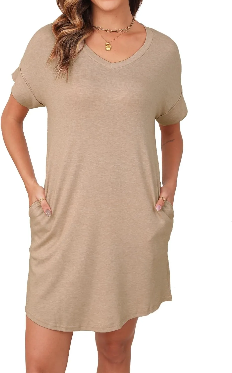 YEXIPO Womens Summer Dresses 2025 Short Sleeve V Neck Loose Casual Solid Color Tshirt Dress with Pockets