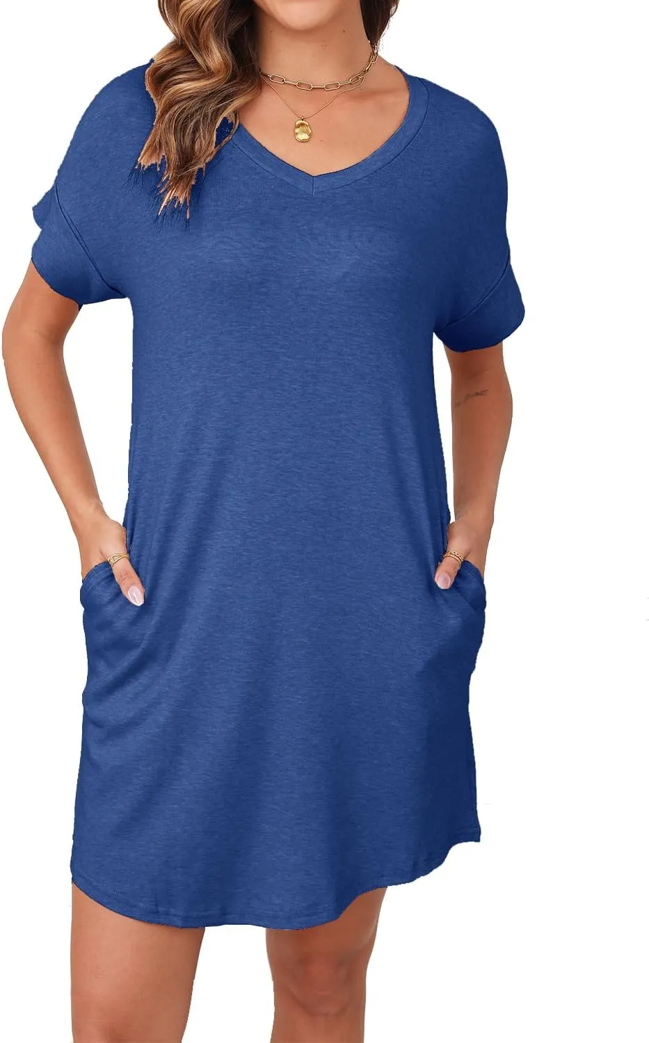 YEXIPO Womens Summer Dresses 2025 Short Sleeve V Neck Loose Casual Solid Color Tshirt Dress with Pockets