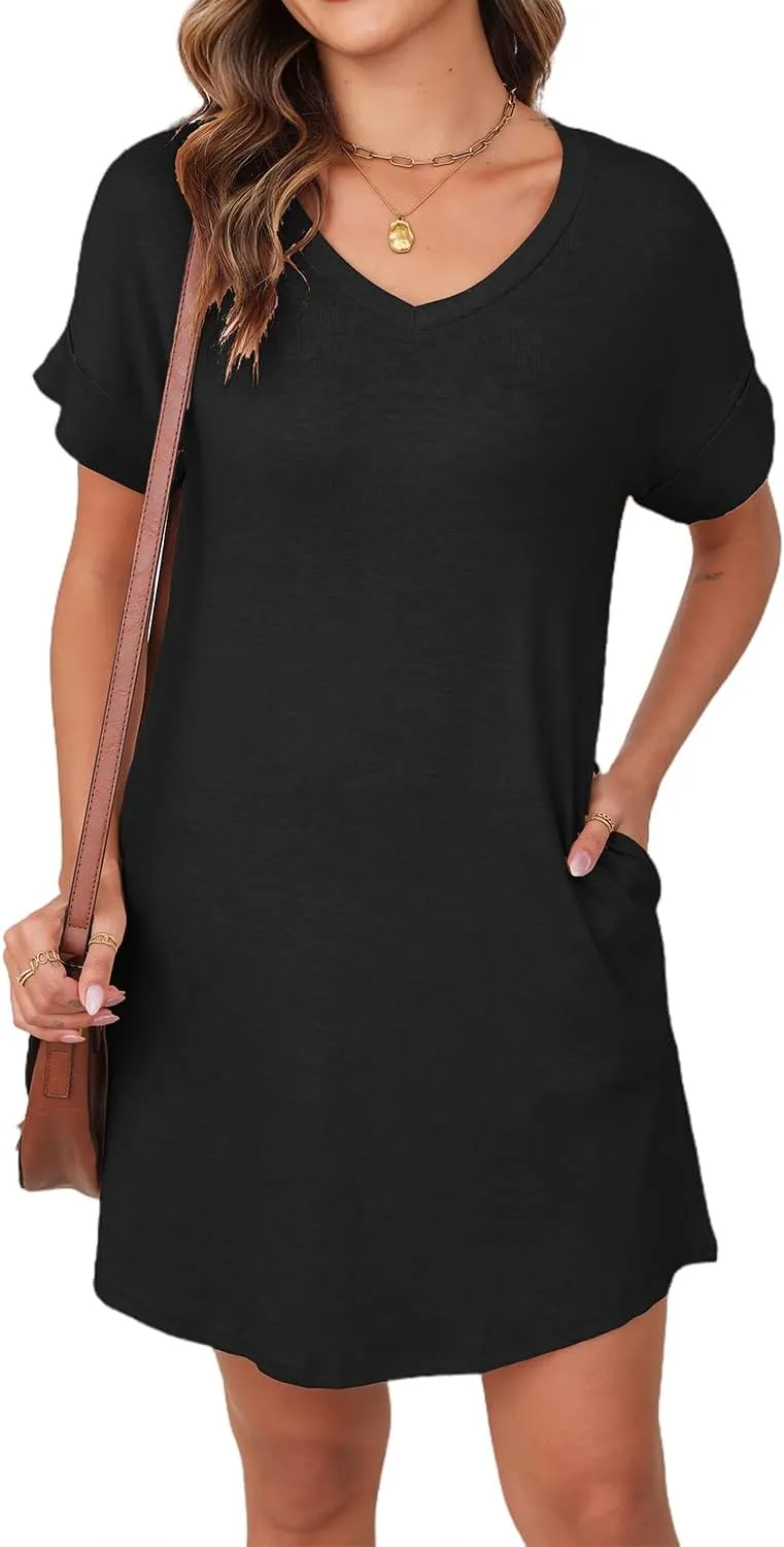 YEXIPO Womens Summer Dresses 2025 Short Sleeve V Neck Loose Casual Solid Color Tshirt Dress with Pockets