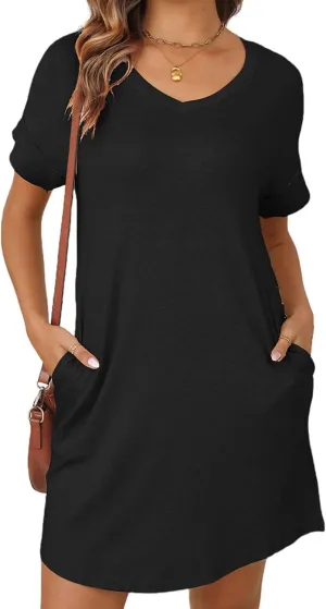 YEXIPO Womens Summer Dresses 2025 Short Sleeve V Neck Loose Casual Solid Color Tshirt Dress with Pockets