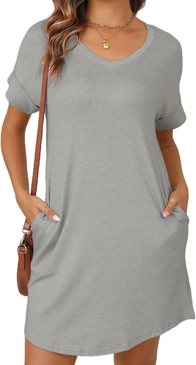 YEXIPO Womens Summer Dresses 2025 Short Sleeve V Neck Loose Casual Solid Color Tshirt Dress with Pockets