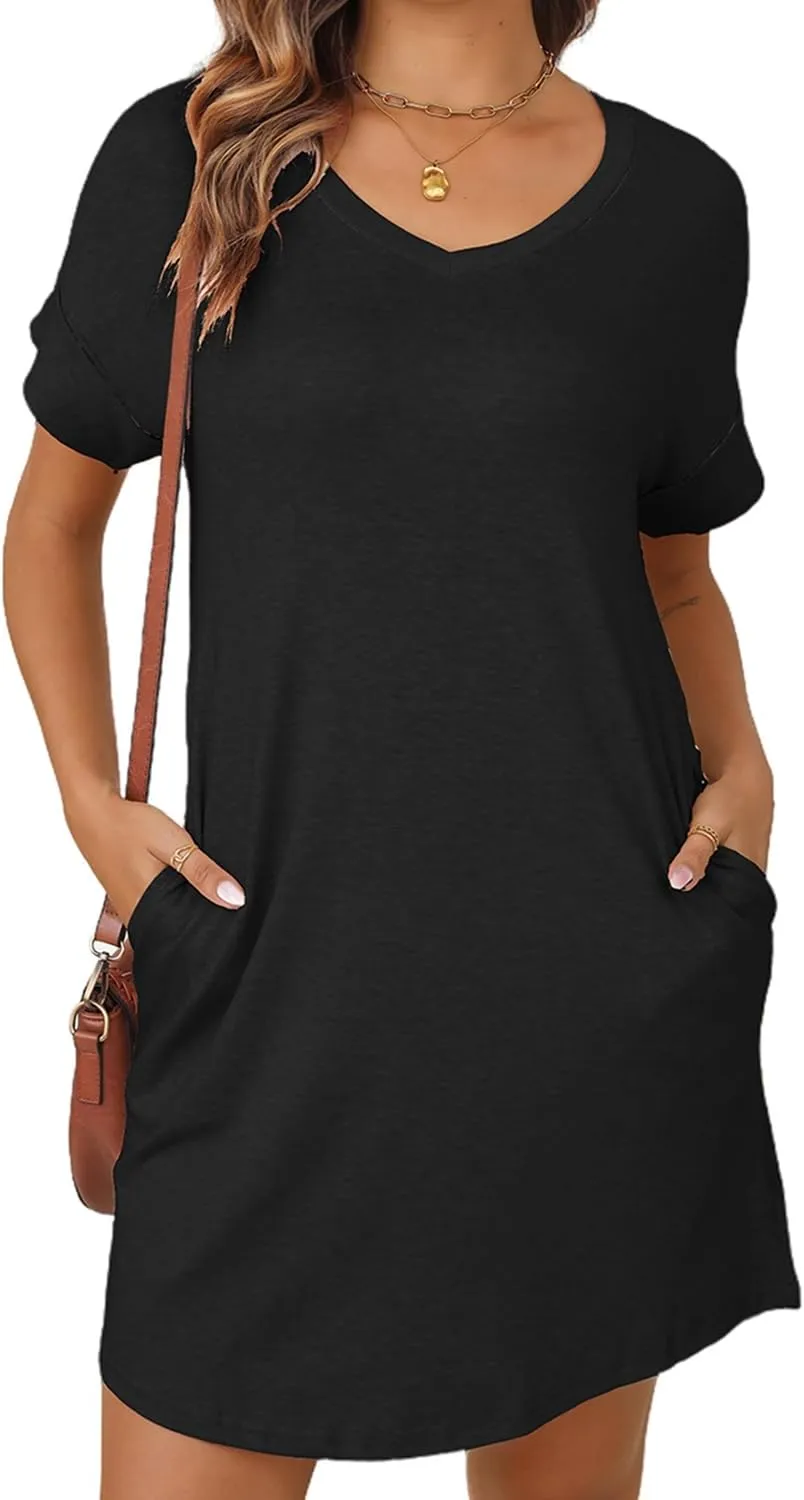 YEXIPO Womens Summer Dresses 2025 Short Sleeve V Neck Loose Casual Solid Color Tshirt Dress with Pockets