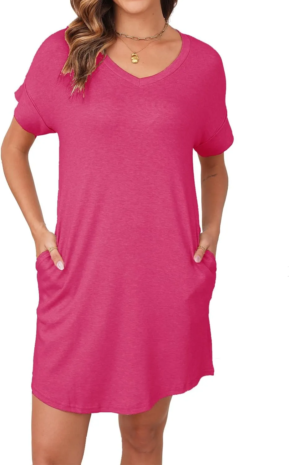 YEXIPO Womens Summer Dresses 2025 Short Sleeve V Neck Loose Casual Solid Color Tshirt Dress with Pockets