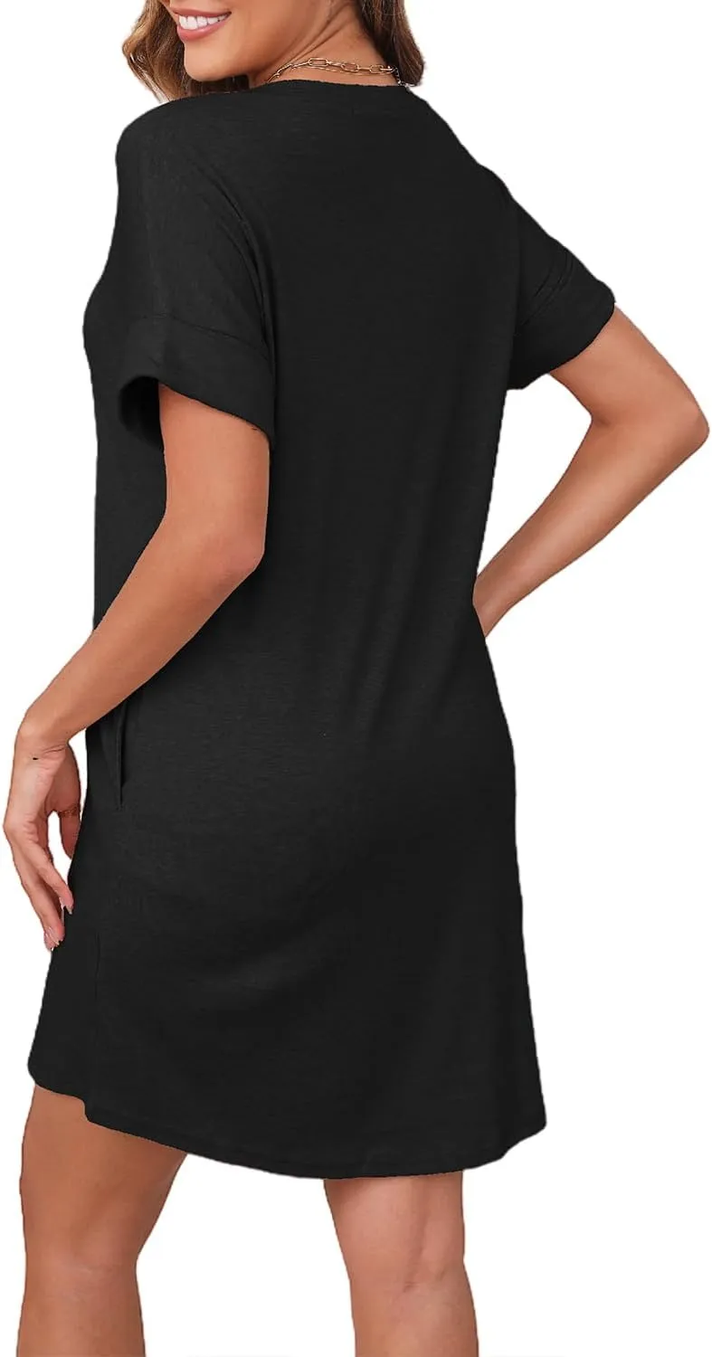 YEXIPO Womens Summer Dresses 2025 Short Sleeve V Neck Loose Casual Solid Color Tshirt Dress with Pockets