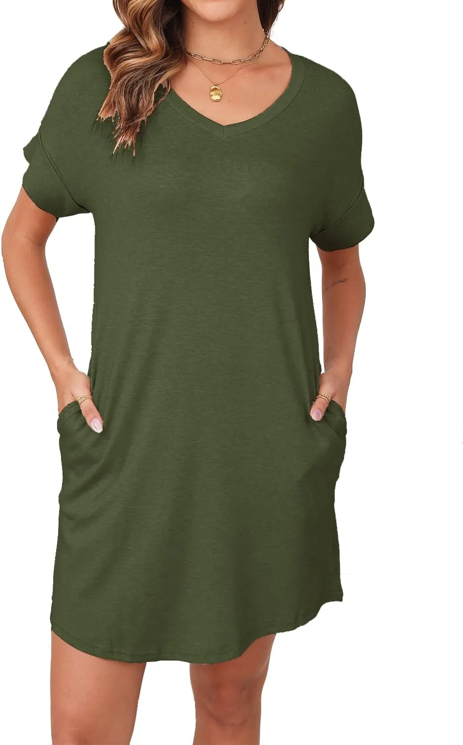 YEXIPO Womens Summer Dresses 2025 Short Sleeve V Neck Loose Casual Solid Color Tshirt Dress with Pockets