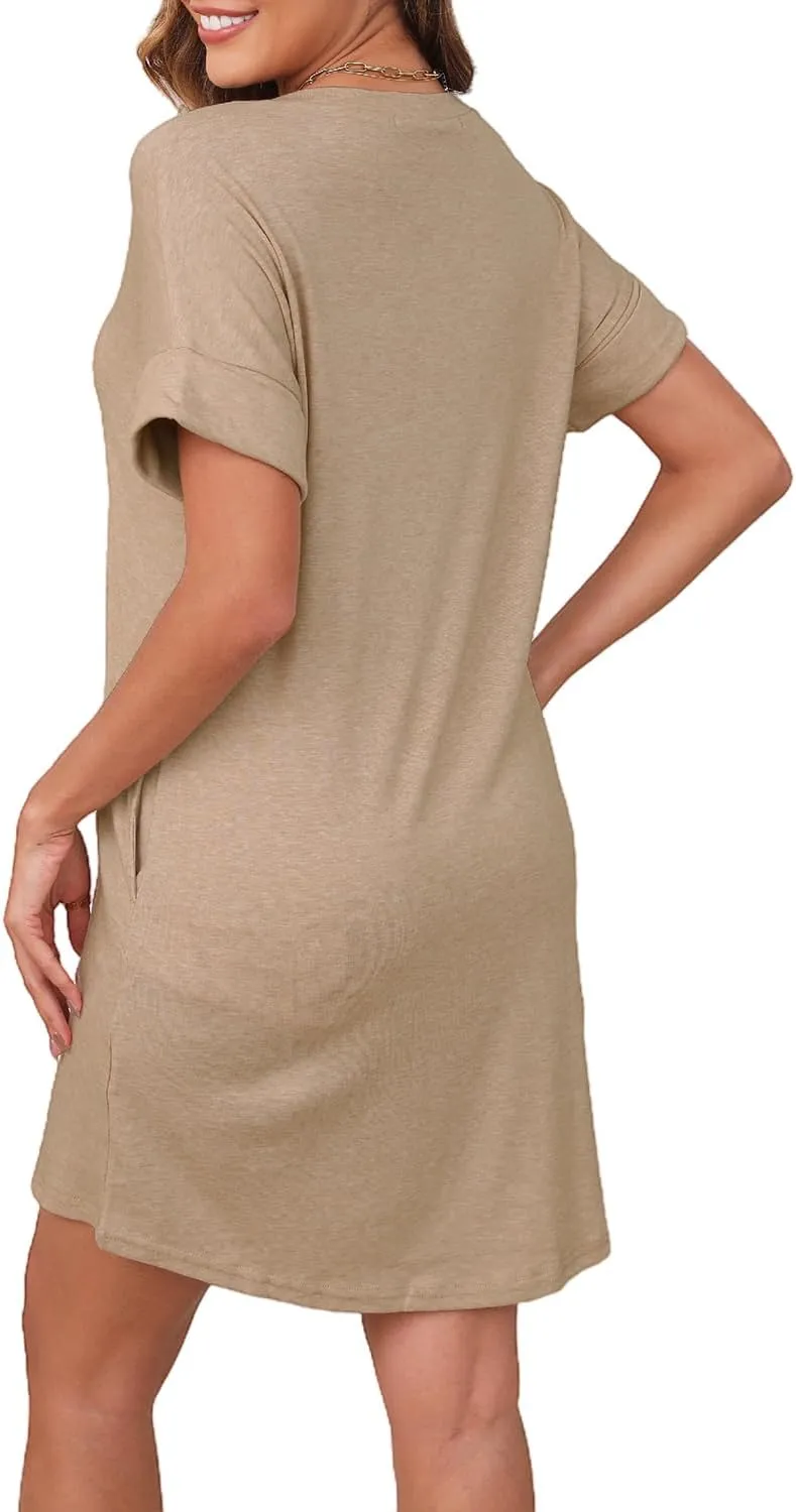 YEXIPO Womens Summer Dresses 2025 Short Sleeve V Neck Loose Casual Solid Color Tshirt Dress with Pockets