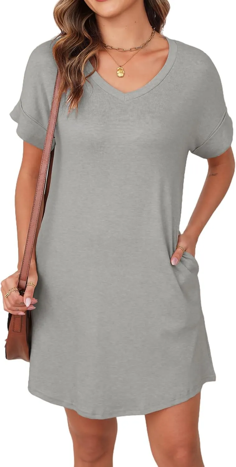 YEXIPO Womens Summer Dresses 2025 Short Sleeve V Neck Loose Casual Solid Color Tshirt Dress with Pockets