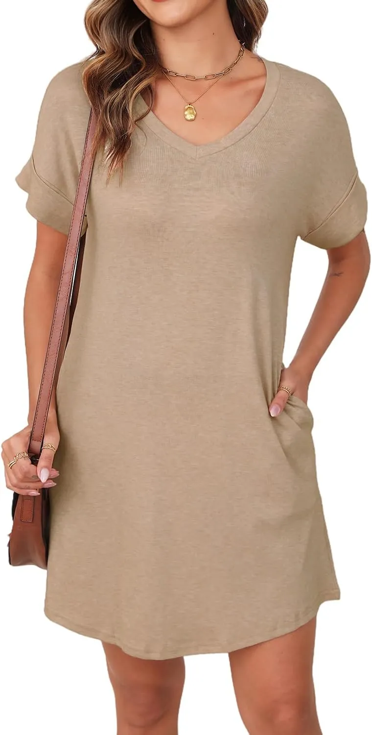 YEXIPO Womens Summer Dresses 2025 Short Sleeve V Neck Loose Casual Solid Color Tshirt Dress with Pockets