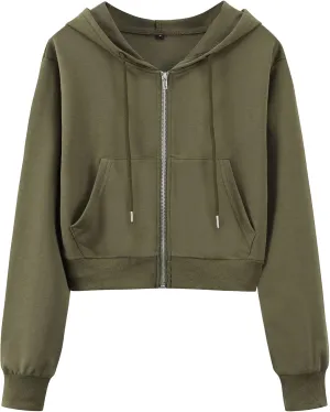 Yimoon Zip Up Hoodie Women Cropped Casual Sweatshirts Workout Long Sleeve Drawstring Hooded Jacket Crop Tops