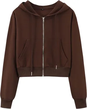 Yimoon Zip Up Hoodie Women Cropped Casual Sweatshirts Workout Long Sleeve Drawstring Hooded Jacket Crop Tops