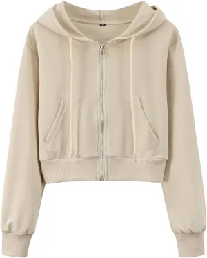 Yimoon Zip Up Hoodie Women Cropped Casual Sweatshirts Workout Long Sleeve Drawstring Hooded Jacket Crop Tops