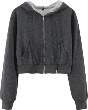 Yimoon Zip Up Hoodie Women Cropped Casual Sweatshirts Workout Long Sleeve Drawstring Hooded Jacket Crop Tops