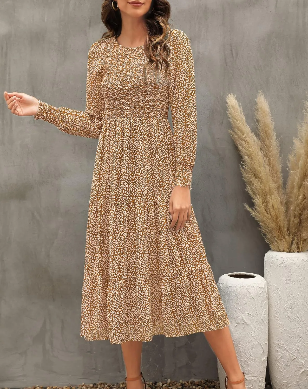 Zattcas Womens Fall Dresses 2025 Casual Long Sleeve Smocked Boho Floral Tiered Midi Wedding Guest Dress with Pockets