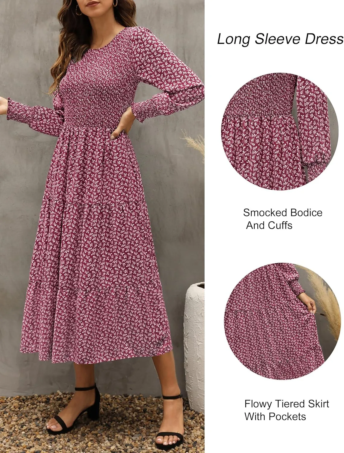 Zattcas Womens Fall Dresses 2025 Casual Long Sleeve Smocked Boho Floral Tiered Midi Wedding Guest Dress with Pockets