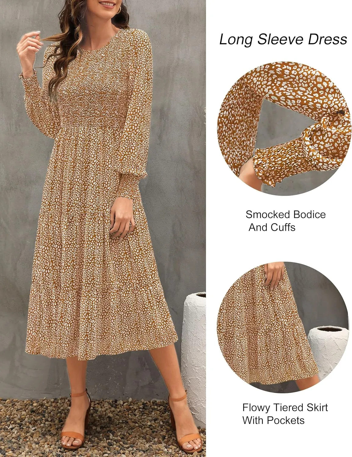 Zattcas Womens Fall Dresses 2025 Casual Long Sleeve Smocked Boho Floral Tiered Midi Wedding Guest Dress with Pockets