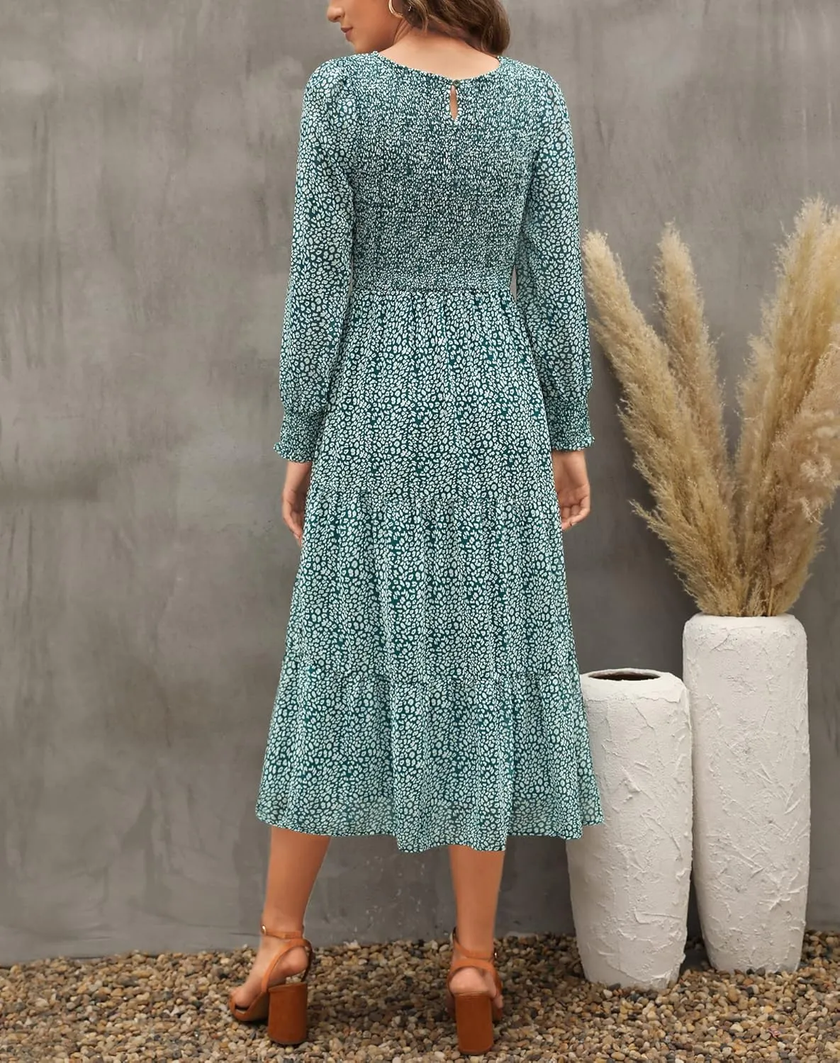 Zattcas Womens Fall Dresses 2025 Casual Long Sleeve Smocked Boho Floral Tiered Midi Wedding Guest Dress with Pockets