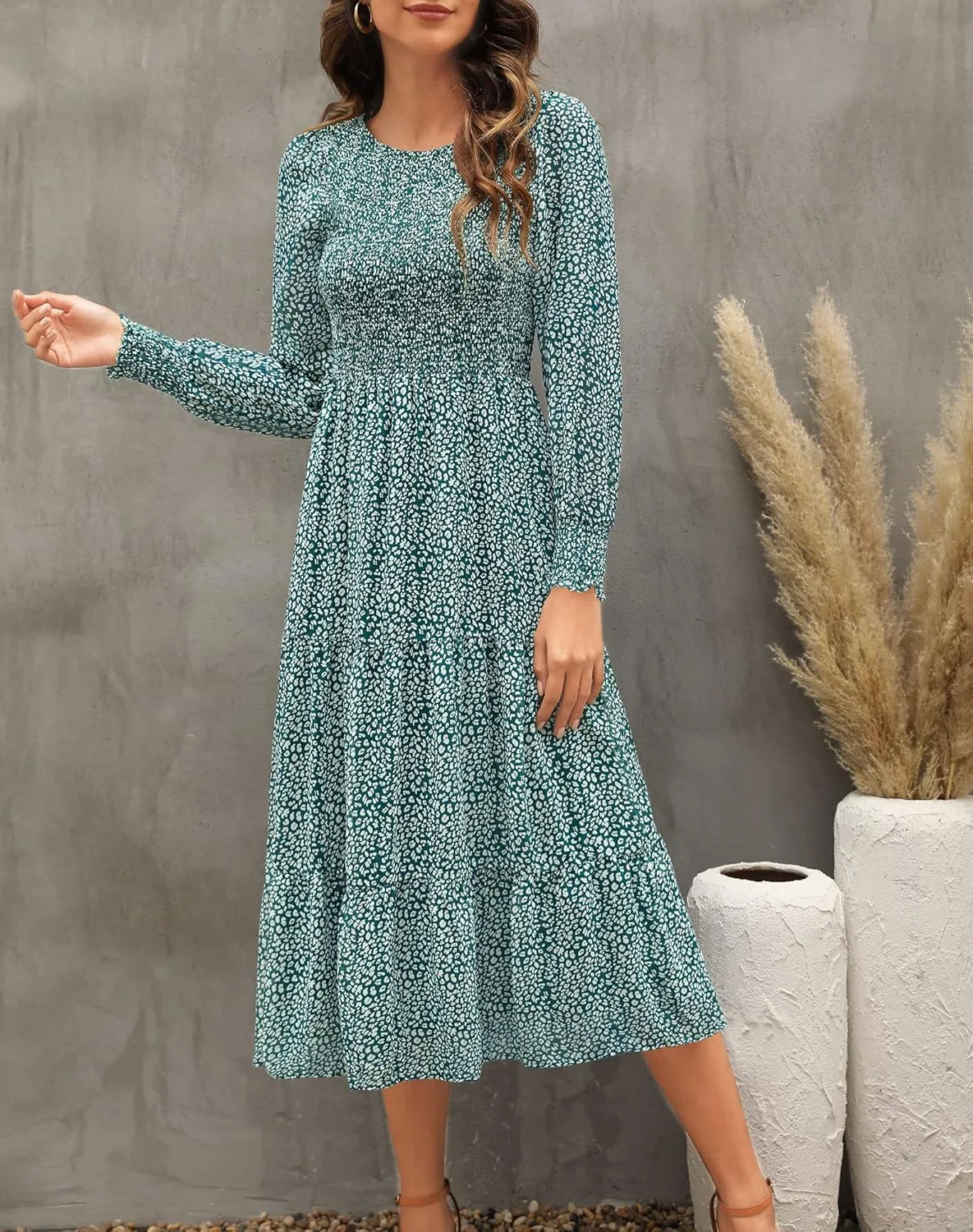 Zattcas Womens Fall Dresses 2025 Casual Long Sleeve Smocked Boho Floral Tiered Midi Wedding Guest Dress with Pockets