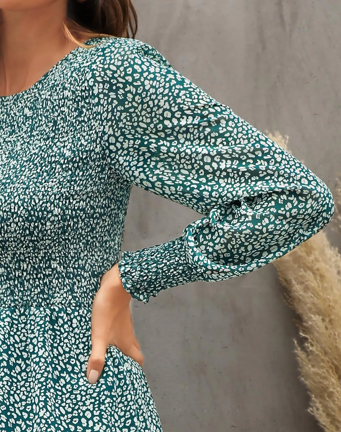 Zattcas Womens Fall Dresses 2025 Casual Long Sleeve Smocked Boho Floral Tiered Midi Wedding Guest Dress with Pockets