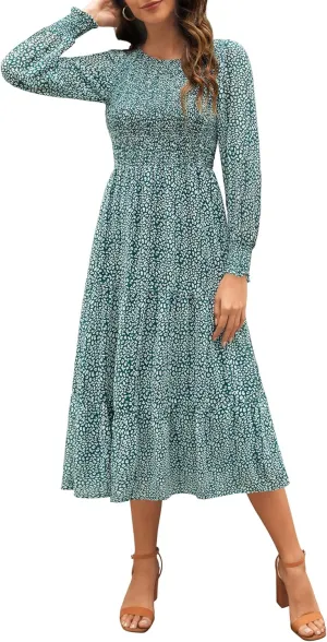 Zattcas Womens Fall Dresses 2025 Casual Long Sleeve Smocked Boho Floral Tiered Midi Wedding Guest Dress with Pockets