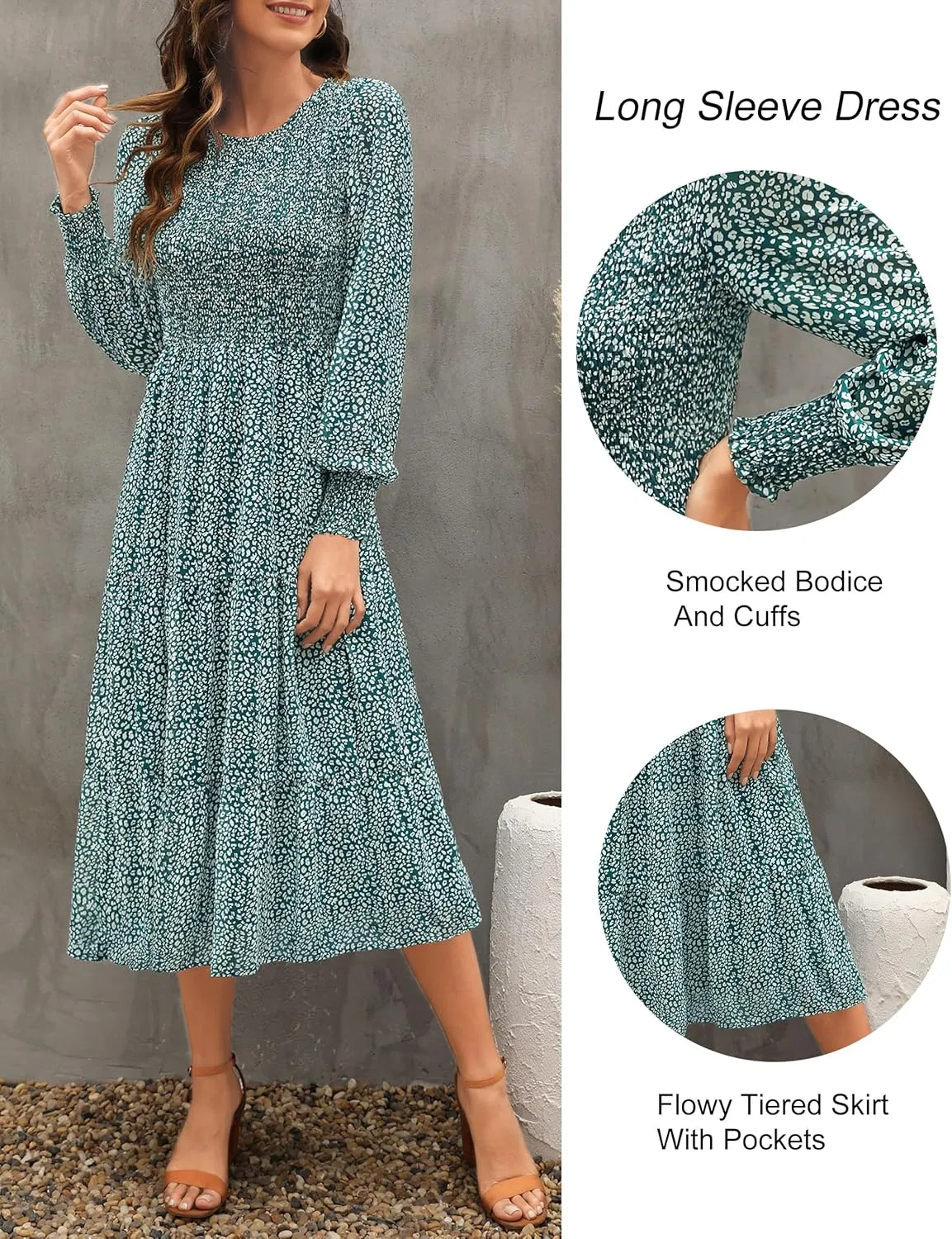 Zattcas Womens Fall Dresses 2025 Casual Long Sleeve Smocked Boho Floral Tiered Midi Wedding Guest Dress with Pockets