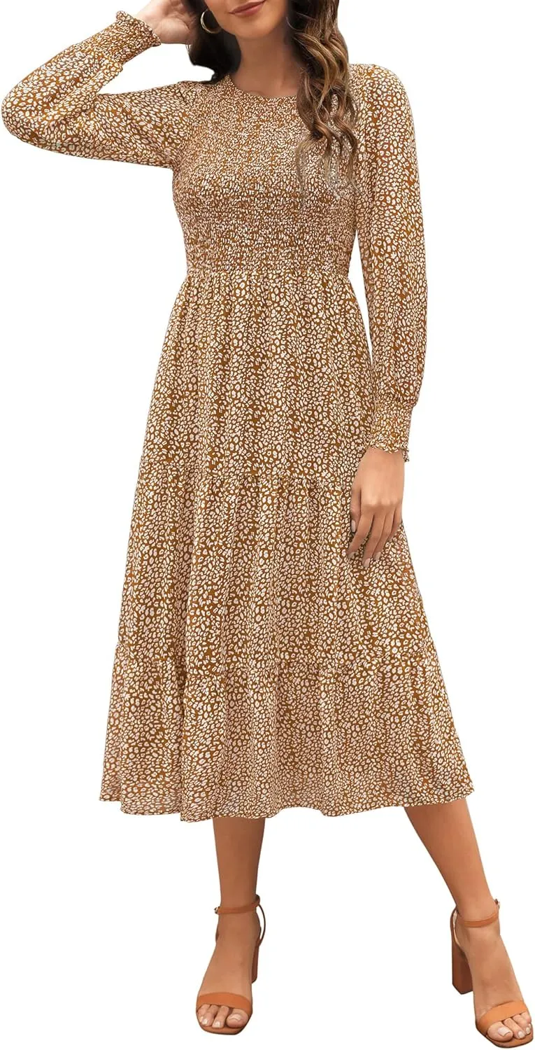 Zattcas Womens Fall Dresses 2025 Casual Long Sleeve Smocked Boho Floral Tiered Midi Wedding Guest Dress with Pockets