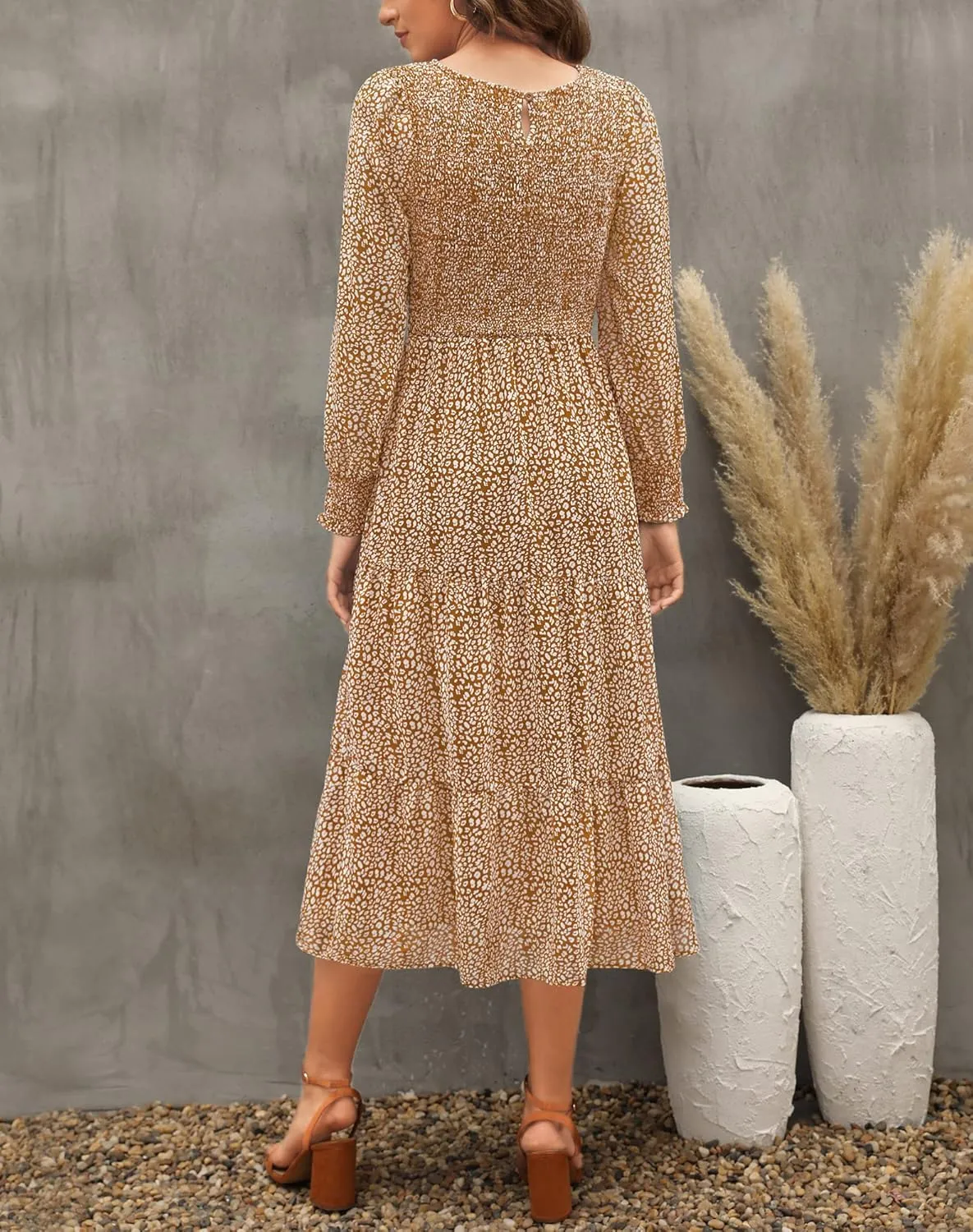 Zattcas Womens Fall Dresses 2025 Casual Long Sleeve Smocked Boho Floral Tiered Midi Wedding Guest Dress with Pockets