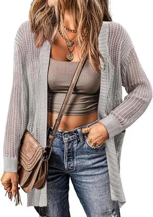 Zeagoo Women 2025 Lightweight Crochet Cardigan Long Sleeve Open Front Knit Sweater Summer Kimono Cover Up with Pockets