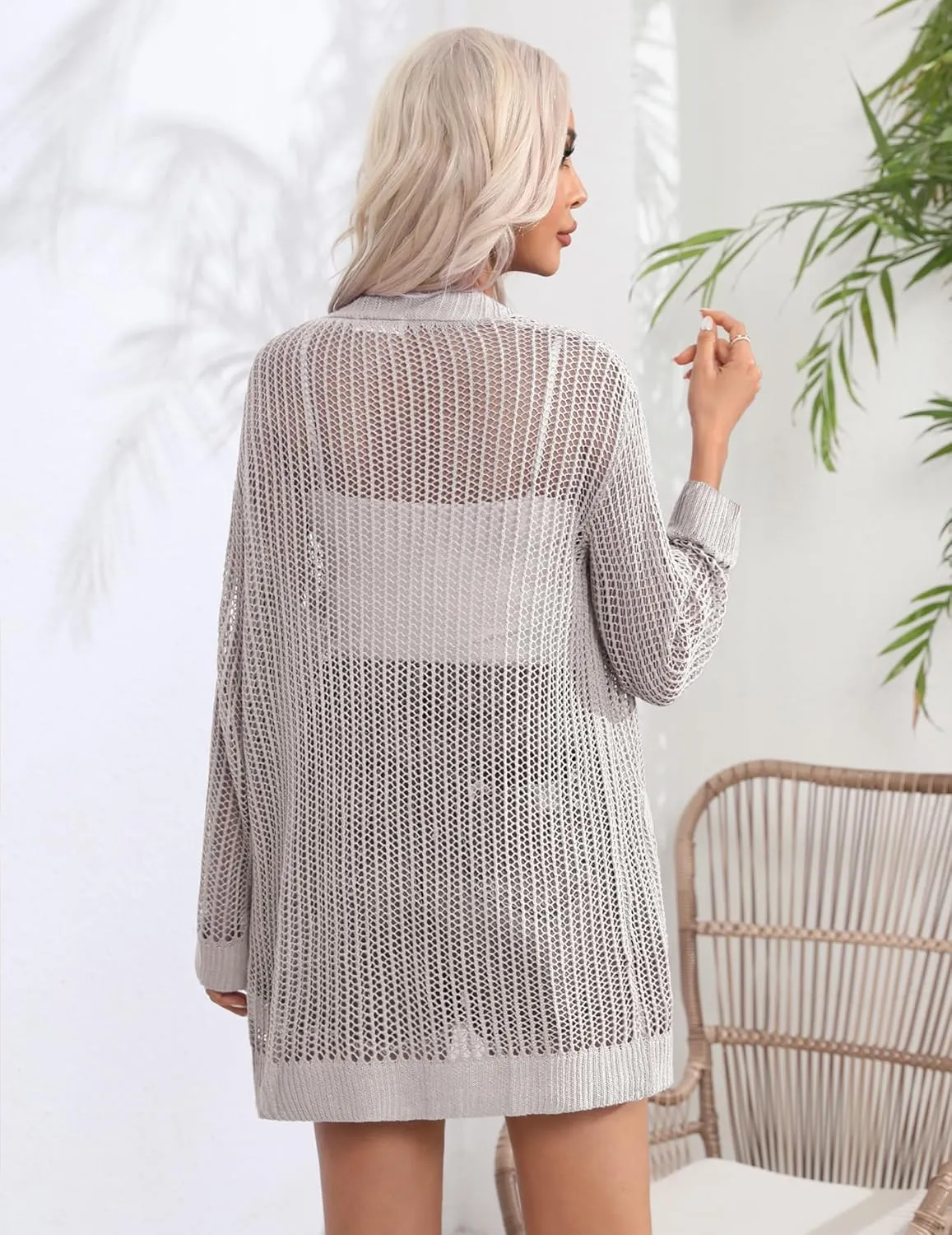 Zeagoo Women 2025 Lightweight Crochet Cardigan Long Sleeve Open Front Knit Sweater Summer Kimono Cover Up with Pockets