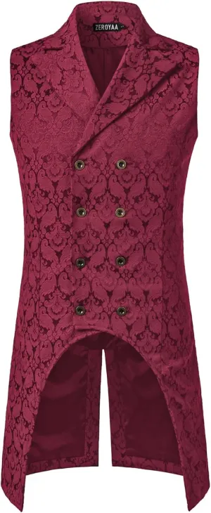 ZEROYAA Mens Gothic Steampunk Double Breasted Jacquard Brocade Vest Waistcoat Sleeveless Tailcoat