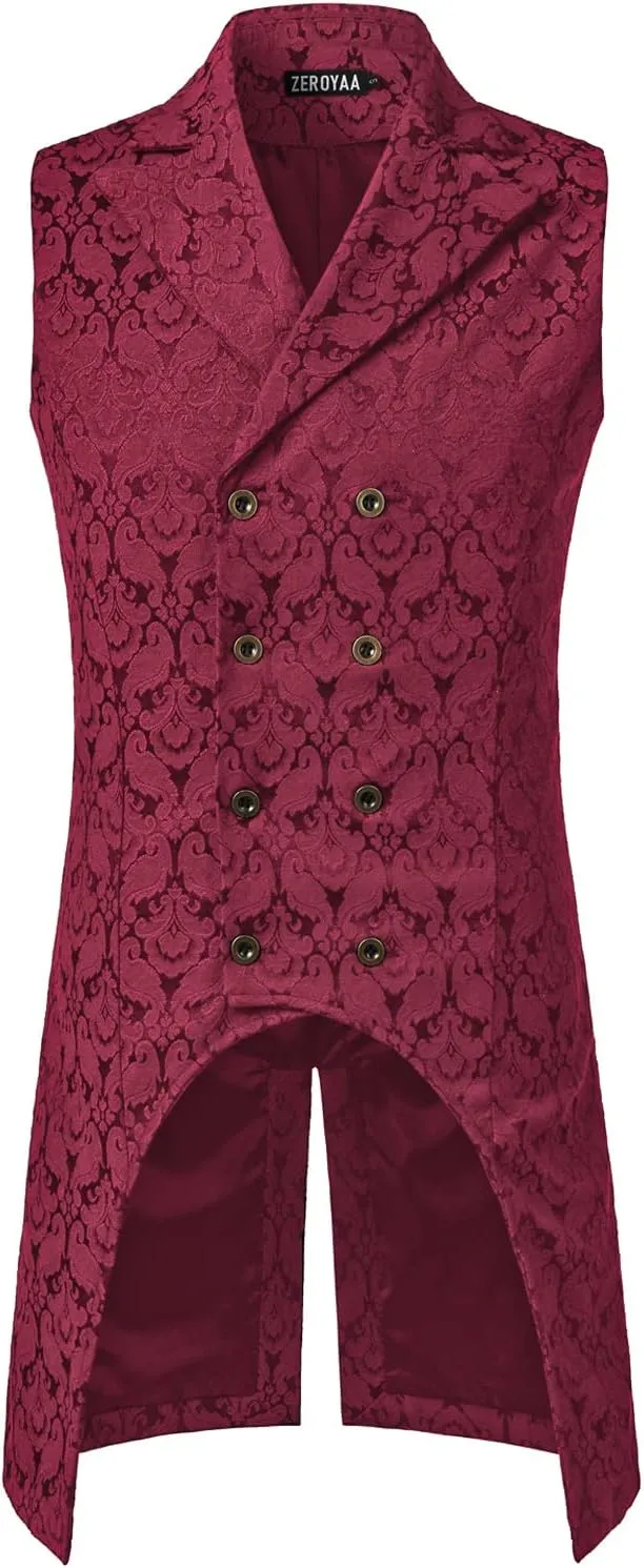 ZEROYAA Mens Gothic Steampunk Double Breasted Jacquard Brocade Vest Waistcoat Sleeveless Tailcoat